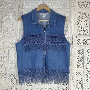 Vtg Denim Lace Fringe Western Boho Button Up Sleeveless Vest Sz XL